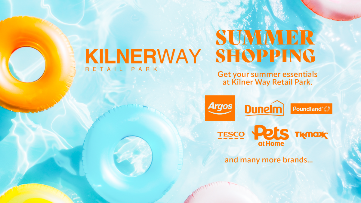 Bright pool float and summer-themed background with retail logos promoting Kilner Way Retail Park’s summer shopping campaign featuring Argos, Dunelm, Pets at Home, and more